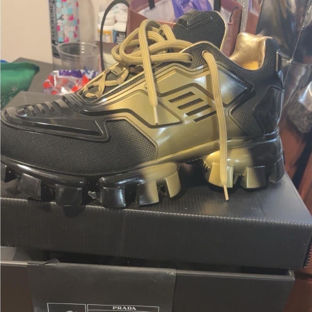 Prada Black and Gold Industrial Platform Sneakers